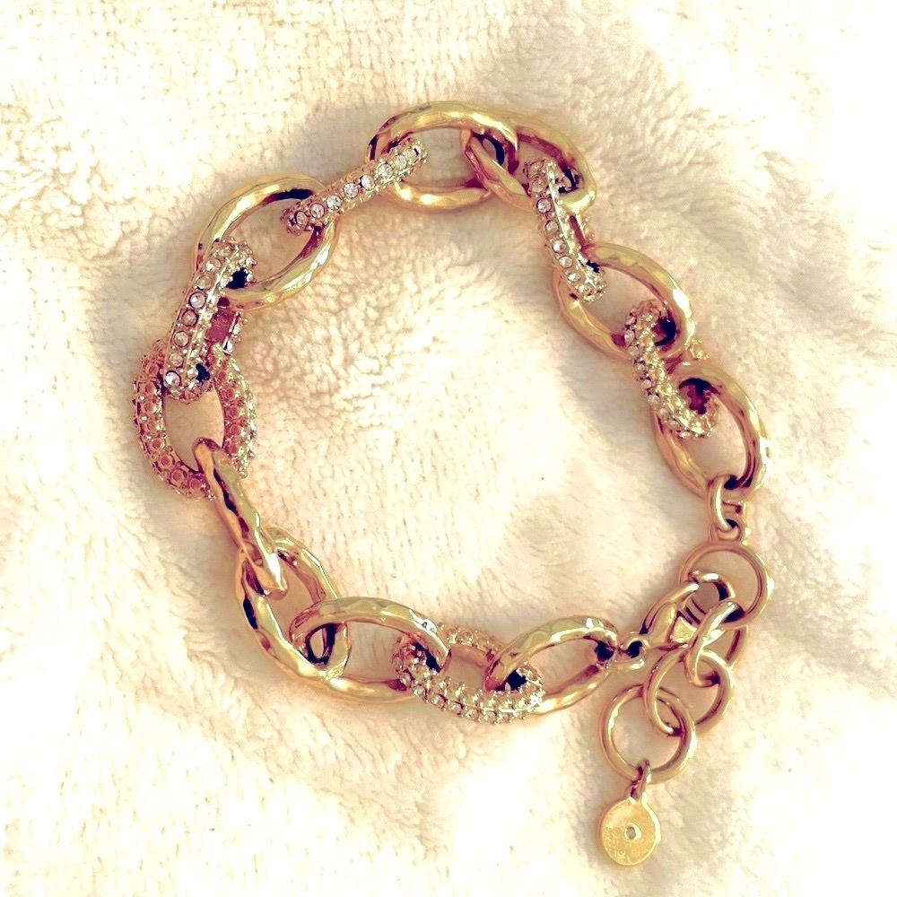 Stella and Dot Hammered Gold Tone and Crystal Embellished Link Bracelet